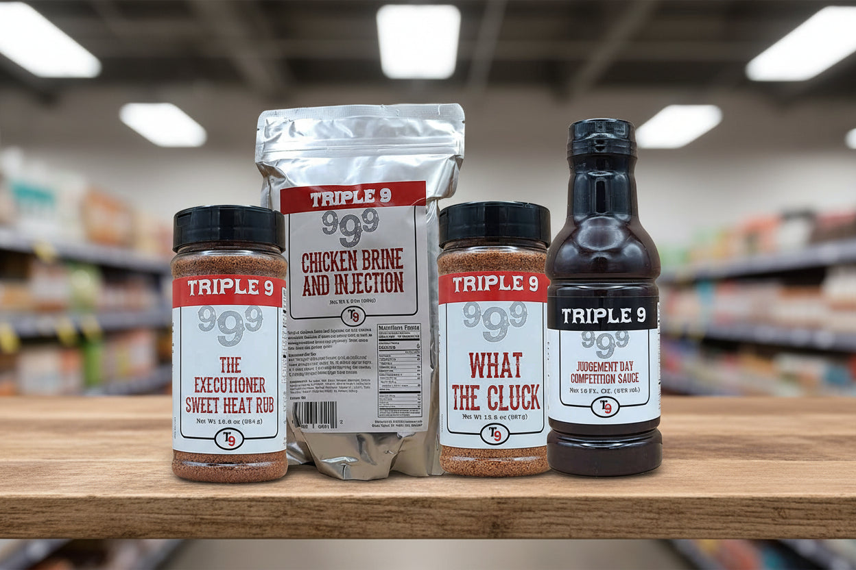 Collection of Triple 9 seasoning products including a bag, jars, and bottles on a white background.