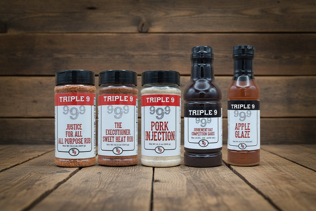 Collection of Triple 9 seasoning and sauce bottles on a white background