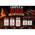 Triple 9 BBQ Rib Bundle with various products on a fiery background