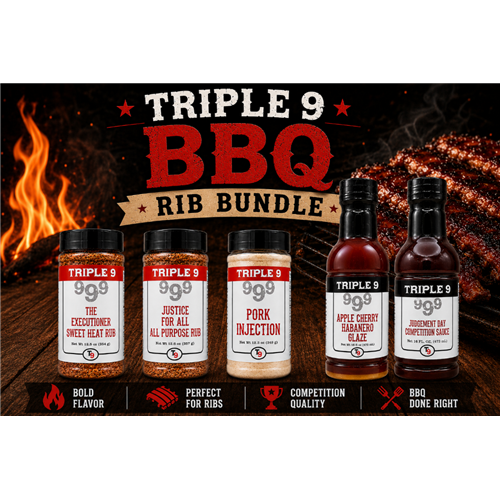 Triple 9 BBQ Rib Bundle with various products on a fiery background