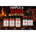 Triple 9 BBQ Pork Bundle with various products on a background of flames and grilled meat.