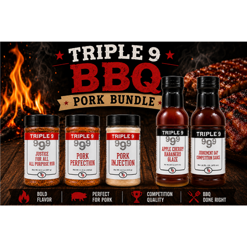 Triple 9 BBQ Pork Bundle with various products on a background of flames and grilled meat.