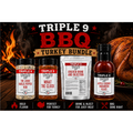Triple 9 BBQ Turkey Bundle with various products on a dark background with flames.