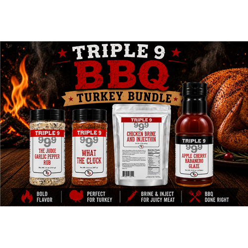 Triple 9 BBQ Turkey Bundle with various products on a dark background with flames.