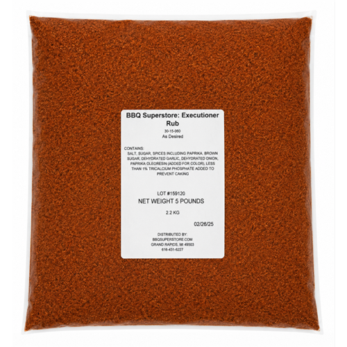 Bag of BBQ Superstore Executioner Rub with a label on a white background