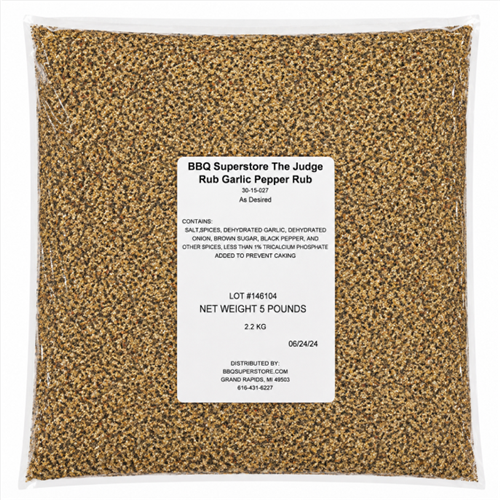 Bag of BBQ Superstore The Judge Garlic Pepper Rub with a label on a white background