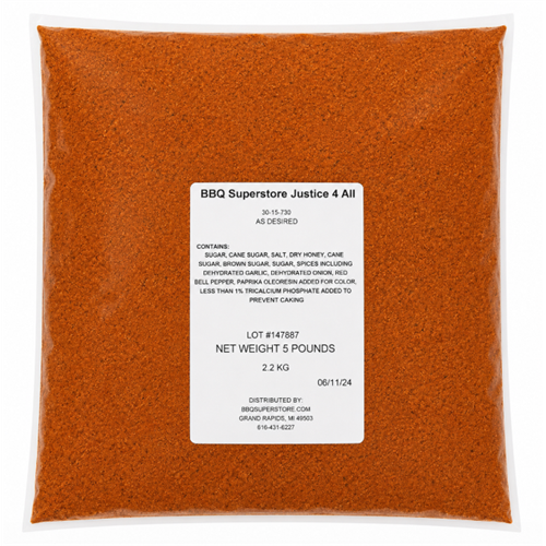 Bag of BBQ Superstore Justice 4 All seasoning with a label on an orange background