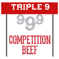 Promotional sign for Triple 9 999 Competition Beef with red and white text on a white background.