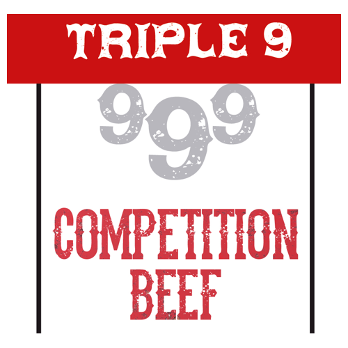 Promotional sign for Triple 9 999 Competition Beef with red and white text on a white background.