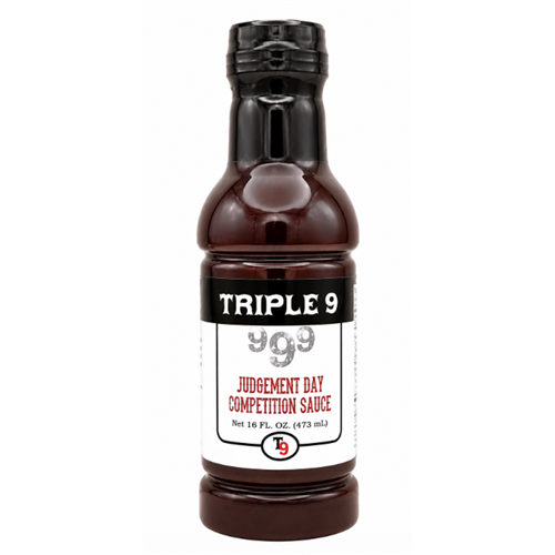 Bottle of Triple 9 Judgement Day Competition Sauce on a white background