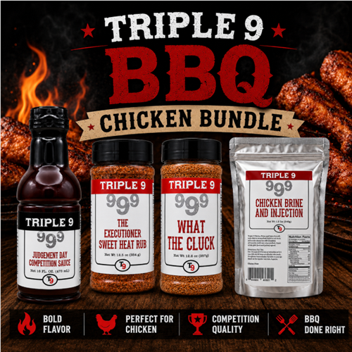 Triple 9 BBQ Chicken Bundle with various products on a dark background