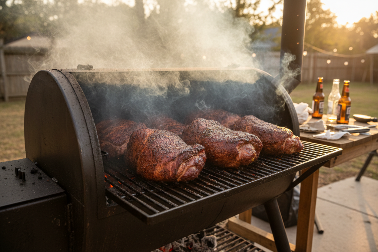 Barbecue grill with smoking meat on a patio with beer bottles and a sunset in the background